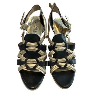 Michael Kors Black and Gold Strappy Woven Slingback Sandals